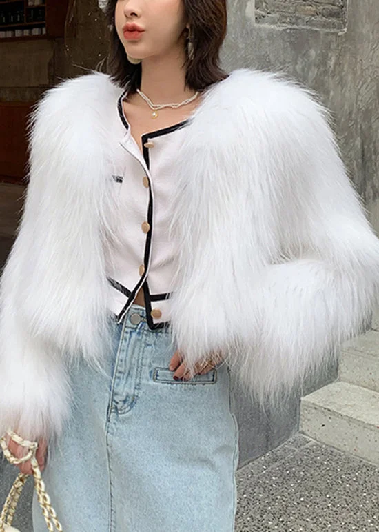 Casual Wear Fashion White V Neck Patchwork Faux Fur Coat Winter