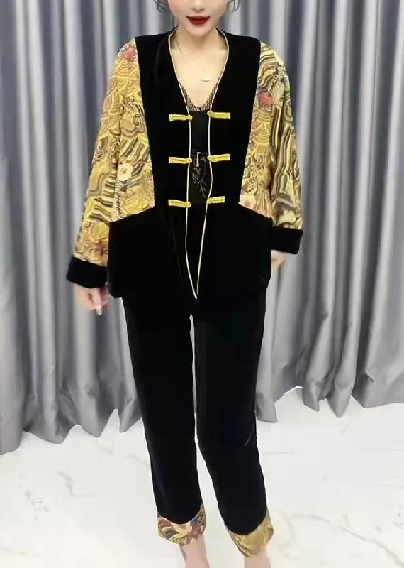 Exquisite Tailoring Fashion Yellow V Neck Print Patchwork Silk Velour Coats And Crop Pants Two Pieces Set Fall Exquisite Tailoring Fashion Yellow V Neck Print Patchwork Silk Velour Coats And Crop Pants Two Pieces Set Fall