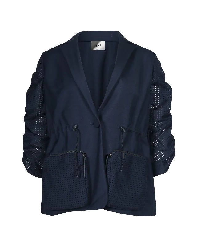 Soft Trends Fendi Puff Sleeve Drawstring Jacket in Navy Blue Cotton