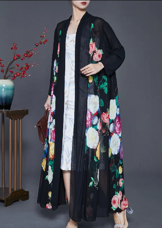 Romantic Temperament Fine Black Oversized Print Chiffon UPF 50+ Coat Cardigan Spring Romantic Temperament Fine Black Oversized Print Chiffon UPF 50+ Coat Cardigan Spring