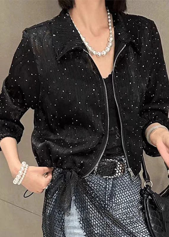 Exquisite Tailoring Fine Black Peter Pan Collar Zircon Zippered UPF 50+ Coat Long Sleeve
