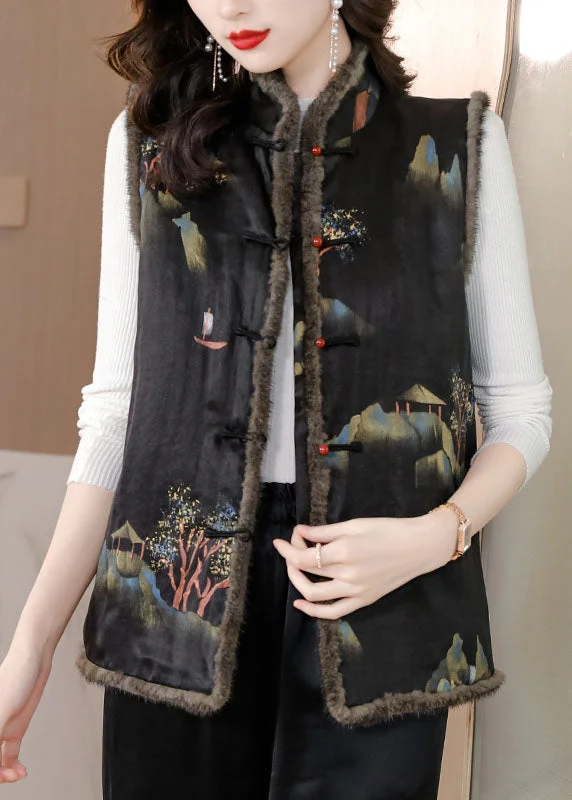 Leisure Sports Fine Black Pockets Print Button Mink Hair Waistcoat Winter