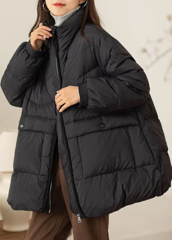 Comfortable Looks Fine Black Stand Collar Oversized Pockets Duck Down Down Coat Winter