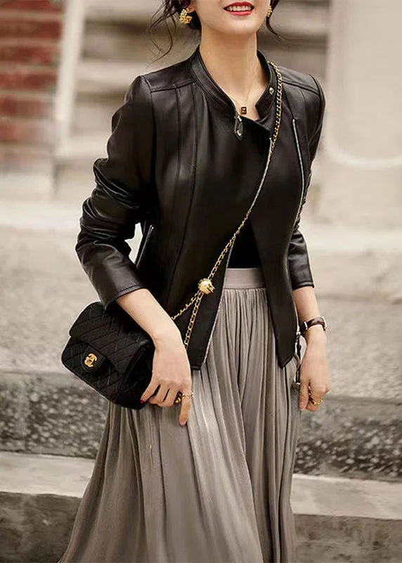 Trends Fine Black Stand Collar Zip Up Pockets Patchwork Sheepskin Jackets Fall