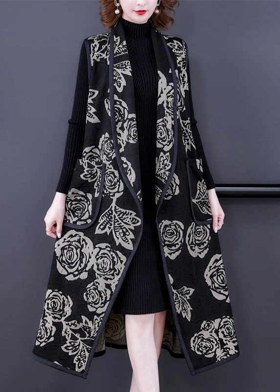 Comfort Fit Fine Black V Neck Print Patchwork Long Knit Waistcoat Spring