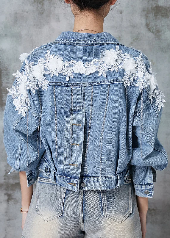 Luxury Fashion Fine Blue Tasseled Patchwork Lace Flower Denim Short Coats Spring