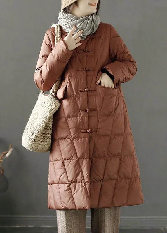 Comfortable Dresses Fine Brown Stand Collar Pockets Duck Down Down Coat Winter