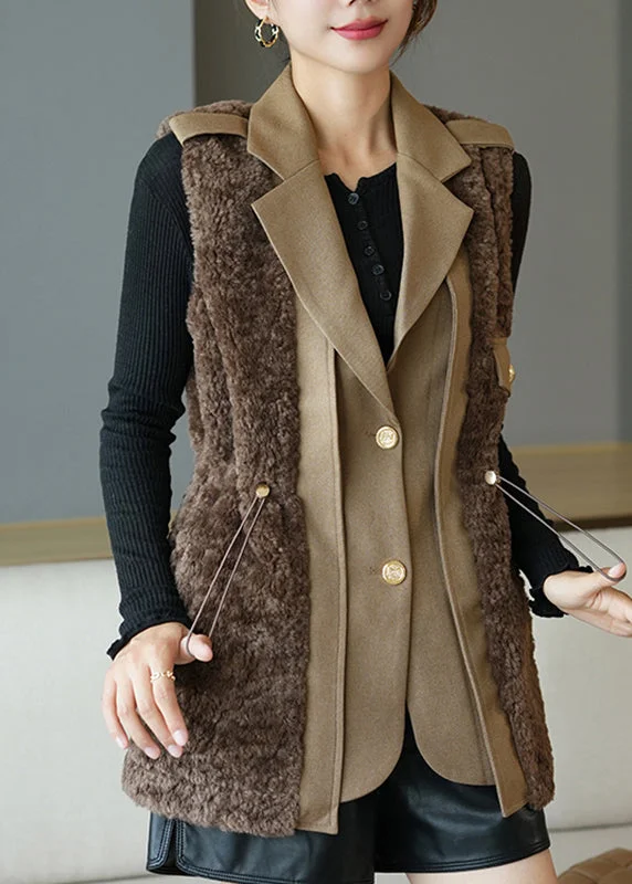Minimal Comfort Fine Chocolate Notched Patchwork Button Faux Fur Waistcoat Fall