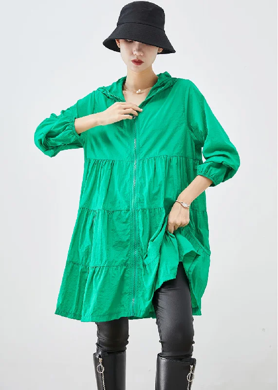 Free And Casual Fine Green Hooded Patchwork UPF 50+ Coat Fall