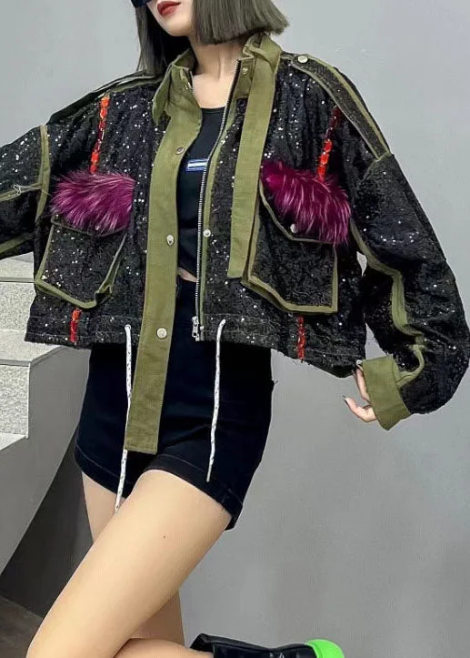 Bright Colors Fine Green Pockets Zip Up Sequins Patchwork Denim Short Coat Spring