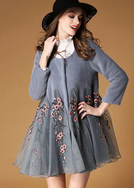 Spiritual Vitality Fine Grey Embroideried Organza Patchwork Wool Coats Winter