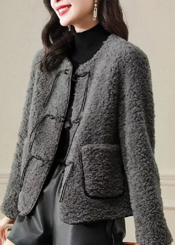 Thin Design Fine Grey O Neck Tasseled Button Patchwork Wool Coats Winter