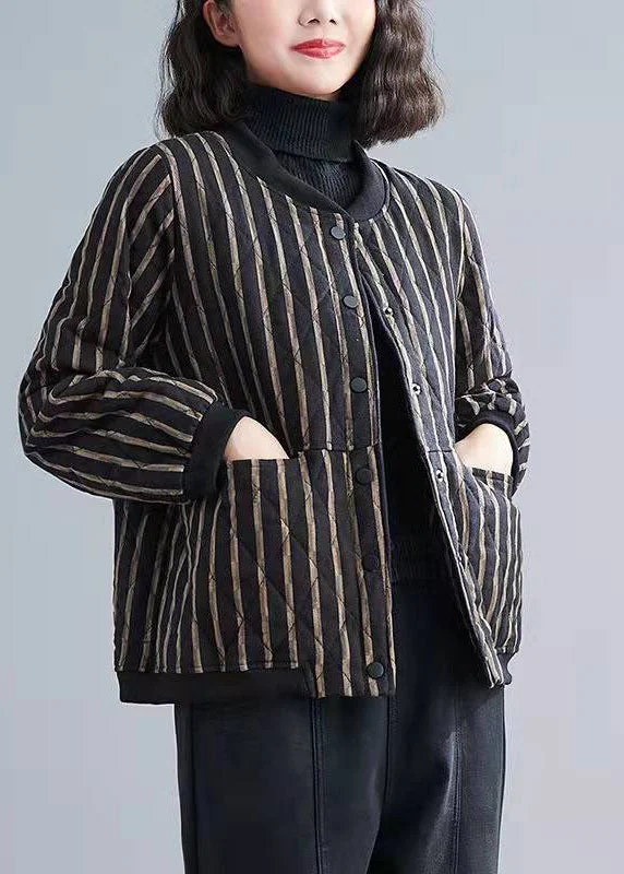 European Plan Fine Striped Zippered Pockets Winter Cotton Coats Long sleeve
