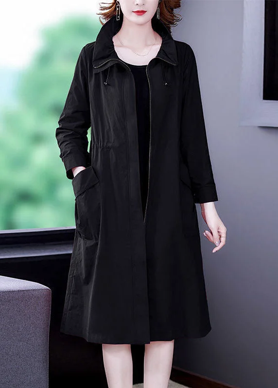 Trendy Items Fitted Black Drawstring Zip Up Pockets Silk Coat Long Sleeve