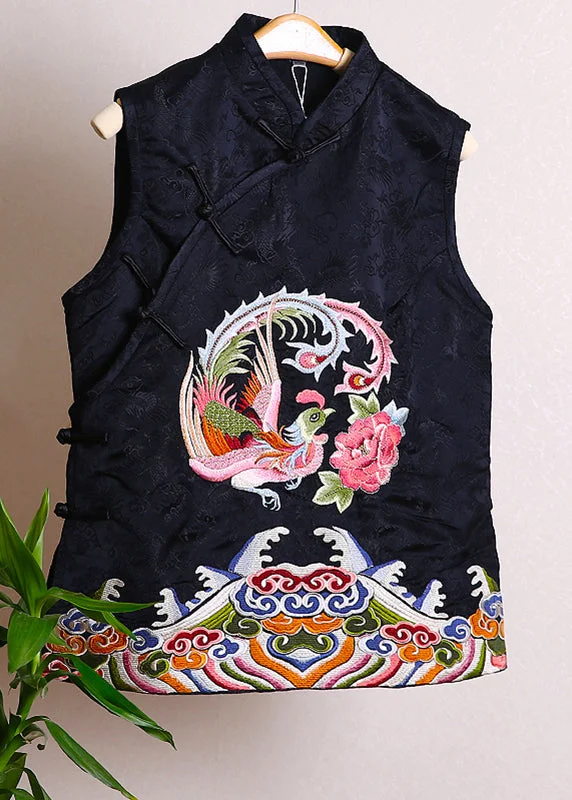 Comfortable And Cold-proof Fitted Black Stand Collar Embroidered Floral Button Waistcoat Fall Comfortable And Cold-proof Fitted Black Stand Collar Embroidered Floral Button Waistcoat Fall