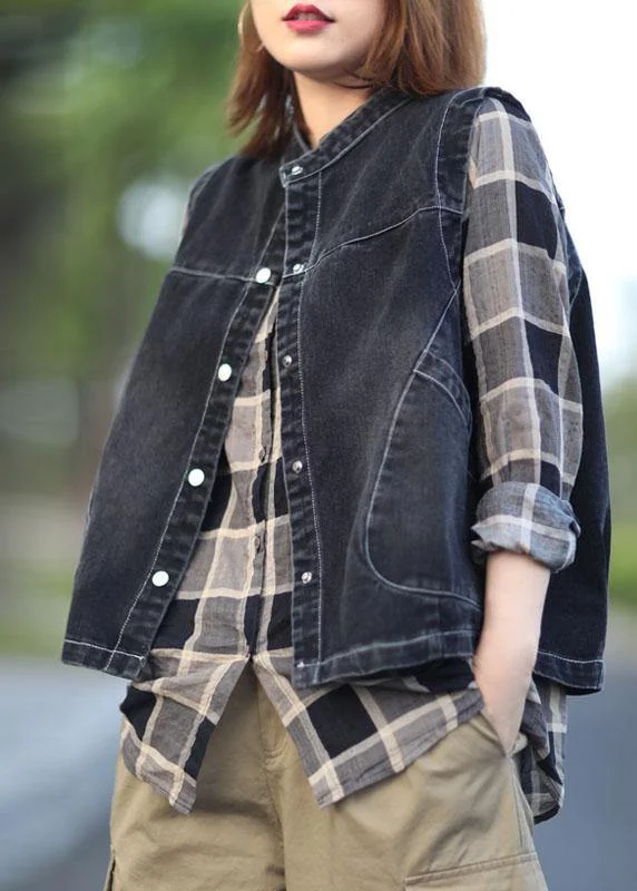 Dessert Matching Fitted Black Stand Collar Pockets Button Fall Top Sleeveless Waistcoat Dessert Matching Fitted Black Stand Collar Pockets Button Fall Top Sleeveless Waistcoat