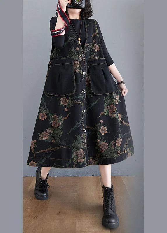 Classic Style Fitted Black V Neck Button Pockets Print Fall Sleeveless waistcoat