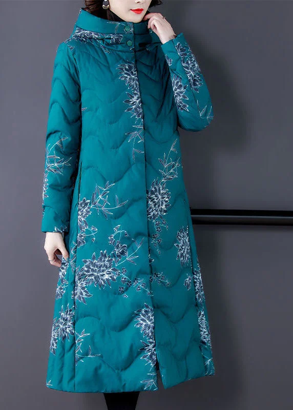 Soft And Comfortable Fitted Blue Hooded Print Fine Cotton Filled Puffers Coats Winter