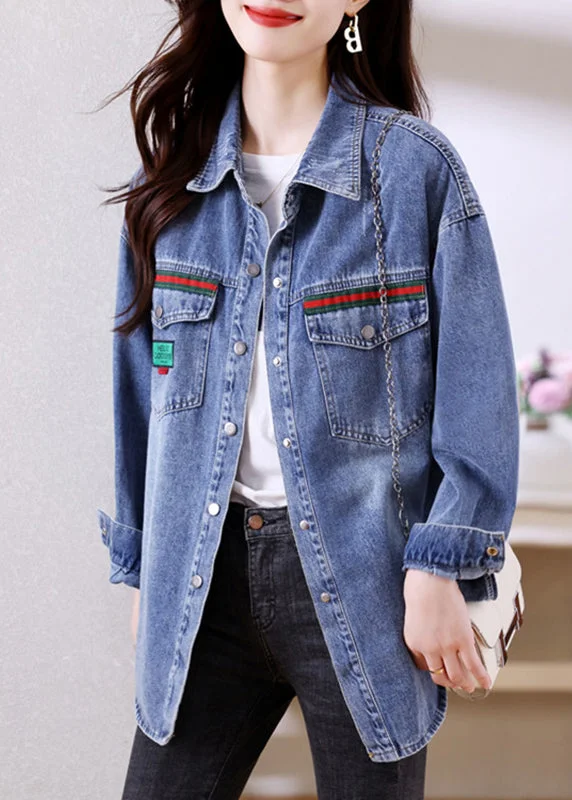 Luxury Temperament Fitted Blue Peter Pan Collar Button Patchwork Denim Coats Long Sleeve Luxury Temperament Fitted Blue Peter Pan Collar Button Patchwork Denim Coats Long Sleeve