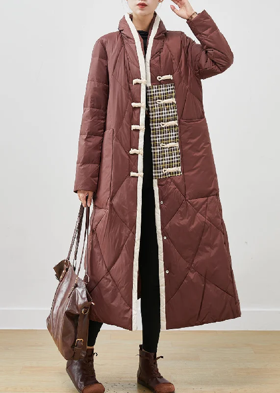 Wandering freely Fitted Brown Stand Collar Chinese Button Duck Down Puffers Jackets Winter Wandering freely Fitted Brown Stand Collar Chinese Button Duck Down Puffers Jackets Winter