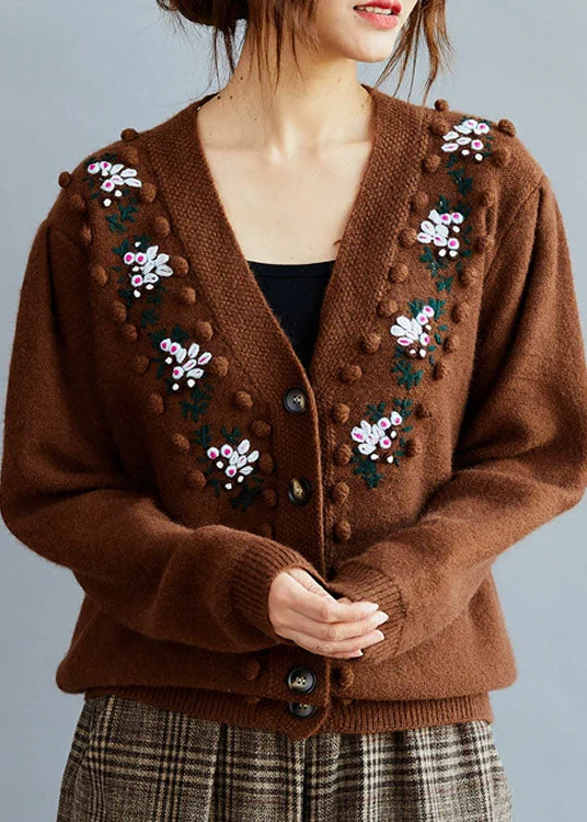 Elegant And Charming Fitted Coffee Embroideried Button Knit sweaters Coat Winter