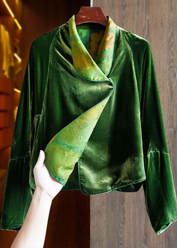 Designer Style Fitted Green Silk Velour Coats Notched Long Sleeve