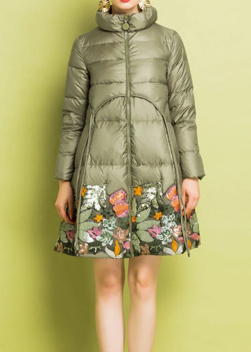 Unique Prints Fitted Grey Green Sequins Embroideried Duck Down Jacket Winter