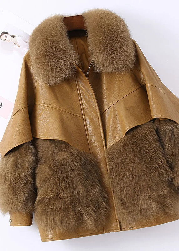 Exquisite Embroidery Fitted Khaki Zip Up Fox fur Patchwork Leather Puffer Jacket Winter Exquisite Embroidery Fitted Khaki Zip Up Fox fur Patchwork Leather Puffer Jacket Winter