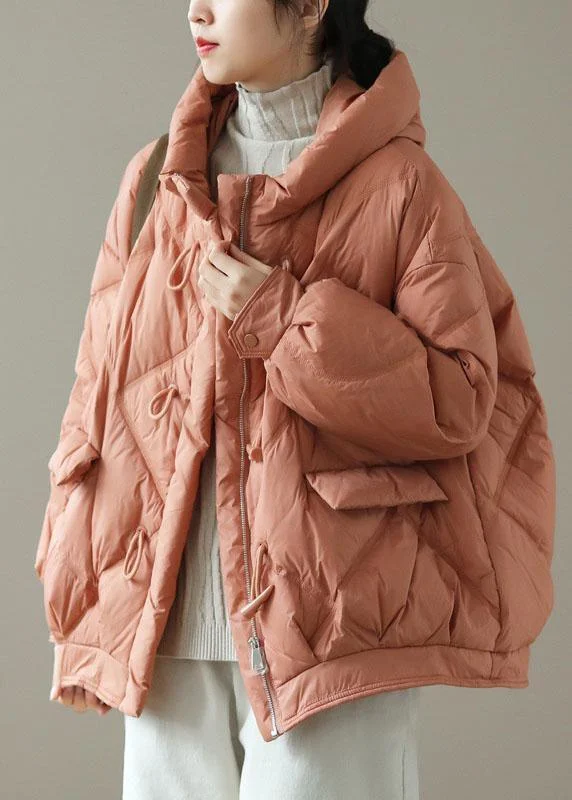 Basic Version Fitted Orange Hooded zippered Pockets Winter Down Coats Long sleeve