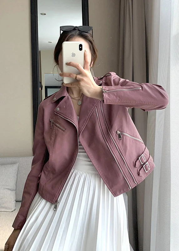 Fresh And Simple Fitted Pink Zip Up Pockets Patchwork Faux Leather Coat Fall