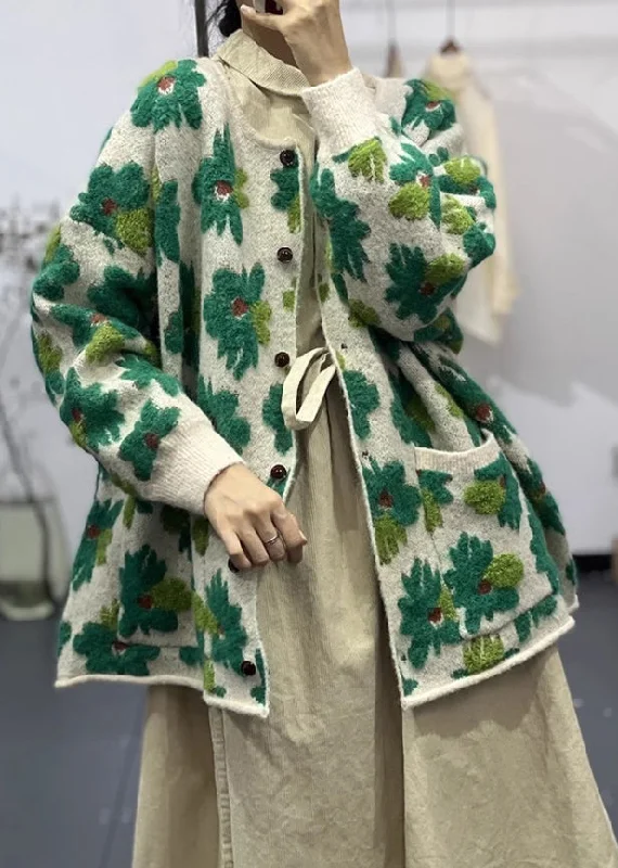 Cool Breeze At Night Floral Green Button Pockets Cotton Knit Coats Long Sleeve