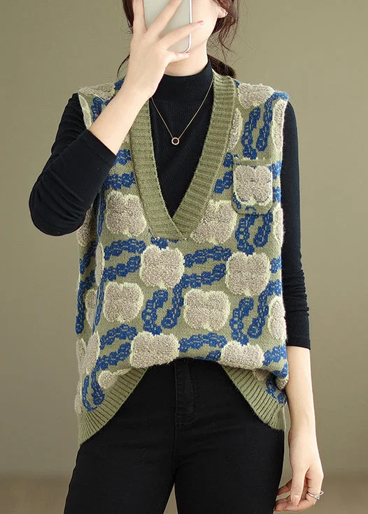 Advanced Customization Floral Green V Neck Patchwork Cozy Knit Waistcoat Sleeveless