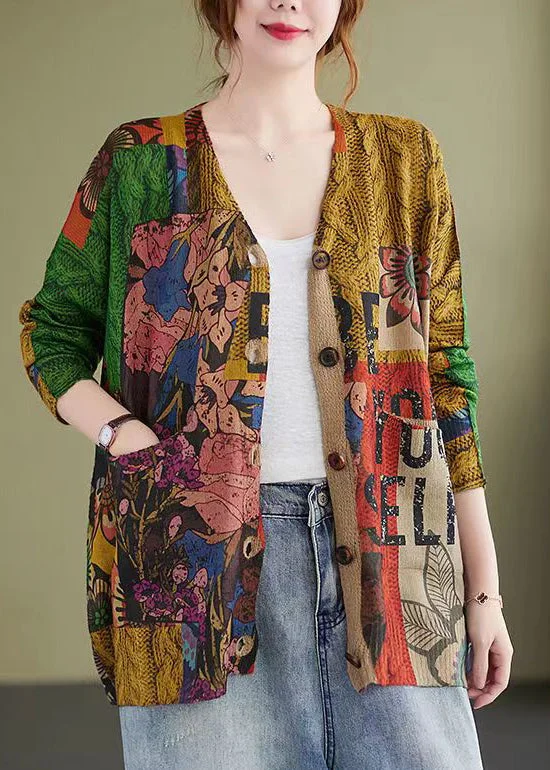 Minimal Comfort Floral Print Patchwork Cotton Knit Coat V Neck Long Sleeve