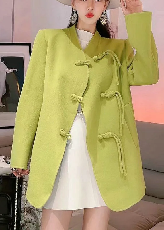 Trendy Wear Fluorescent Green Woolen Coats Oversized Chinese Button Fall