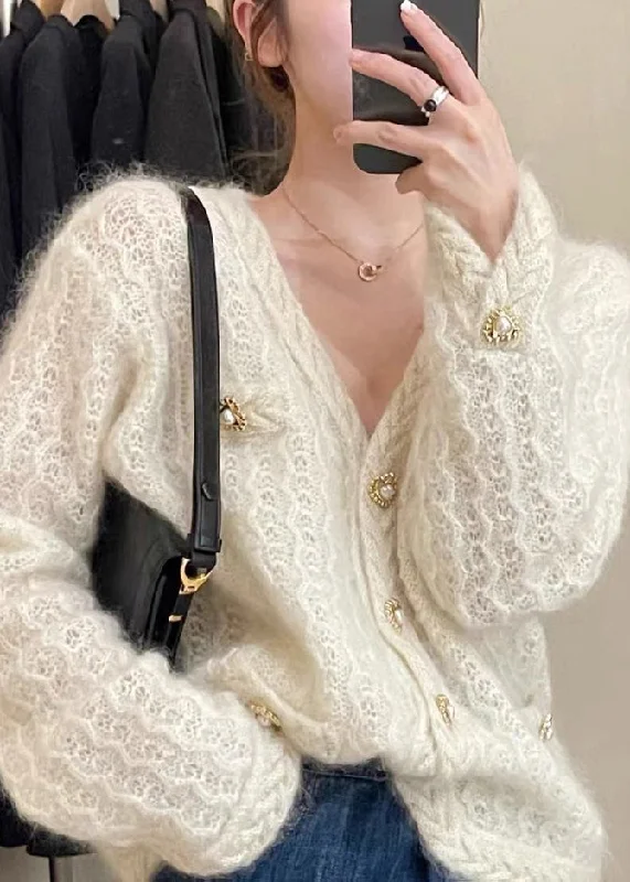 Soft Wear French Apricot Button Hollow Out Patchwork Cotton Knit Coats Fall