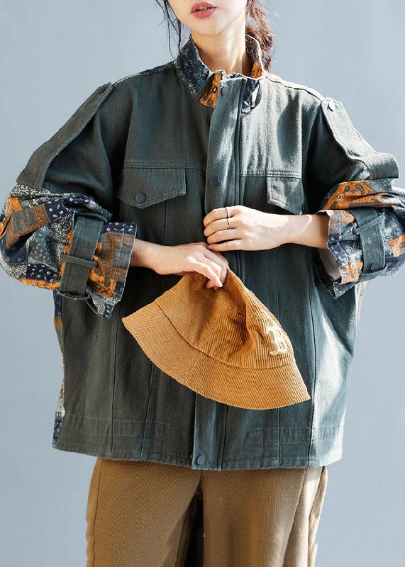 Cozy Fashions French Army Green Zippered Oversized Patchwork Cotton Coats Fall