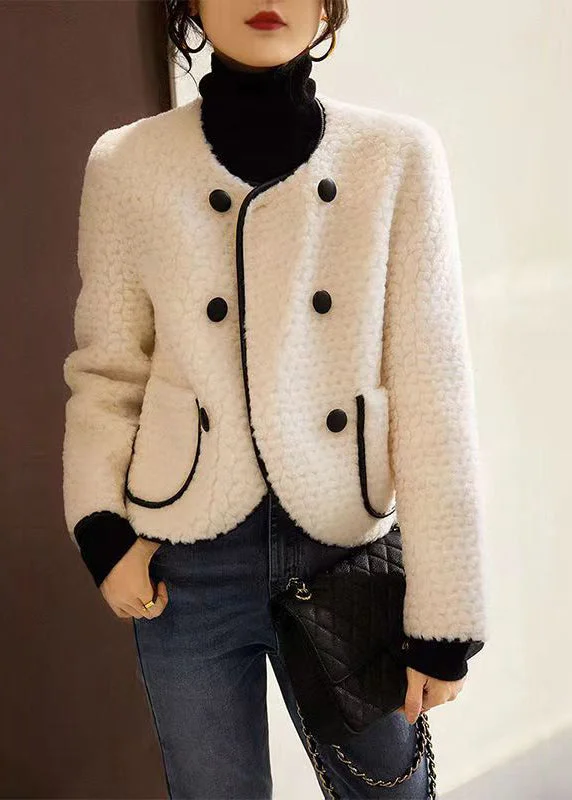 Cozy Sweaters French Beige O Neck Pockets Patchwork Wool Coats Winter