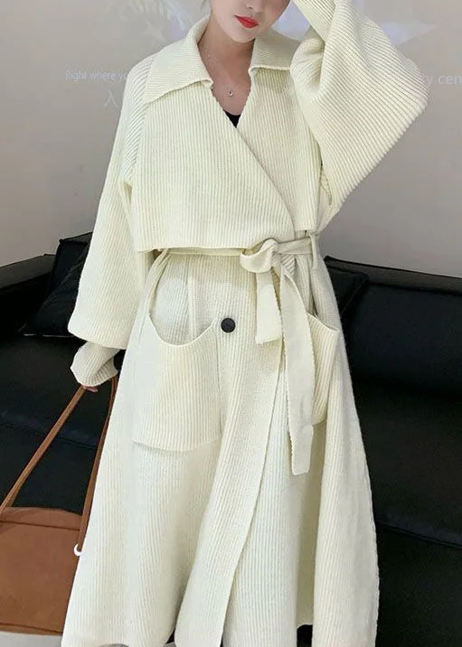 Modern Comfort French Beige Pockets Tie Waist Patchwork Cotton Knit Coats Fall