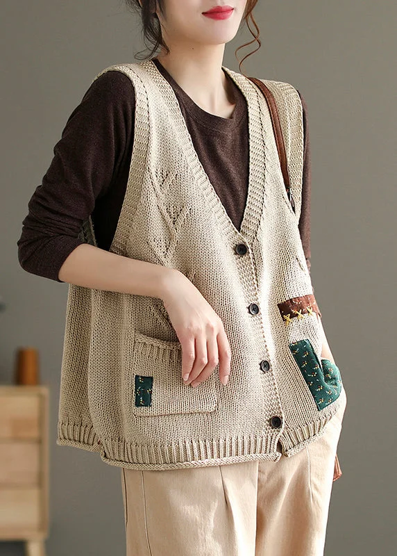 Easygoing Style French Beige V Neck Button Pockets Cotton Knit Waistcoat Sleeveless