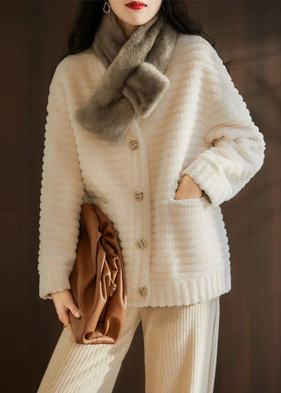 Lounge Chic French Beige V Neck Pockets Patchwork Wool Jackets Winter