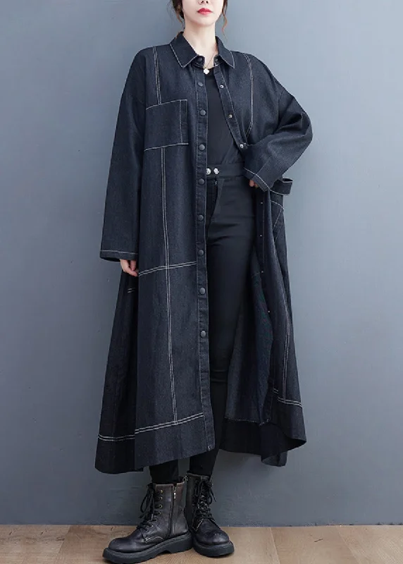 Smart Comfort French Black Button Pockets Denim Long Trench Coat Fall