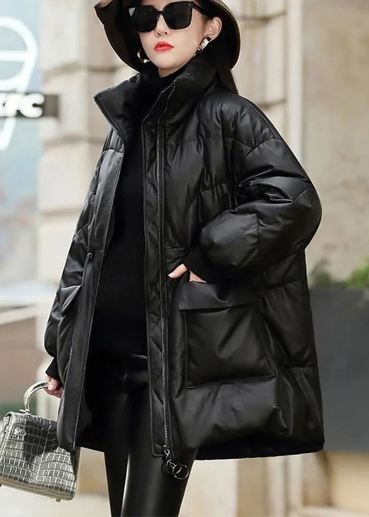 Chic Relaxation French Black Cinched Sheepskin Duck Down Filled Down Jacket Winter