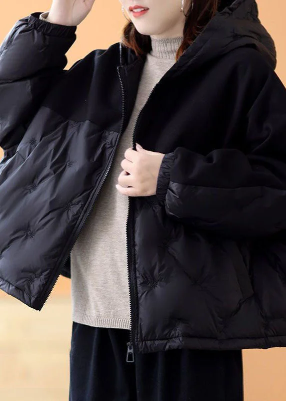 Trendy Dresses French Black Hooded Patchwork Embroideried Duck Down Winter Coats