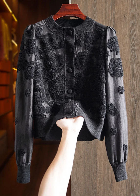 Comfy Chic French Black O-Neck Button Silk Wool Patchwork Knit Coat Long Sleeve