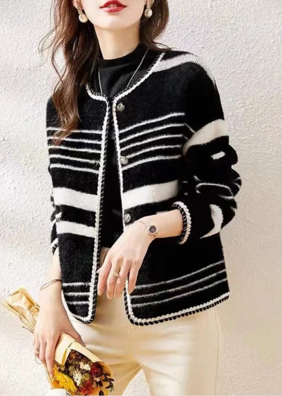 Timeless Comfort French Black O Neck Striped Women Mink Hair Knitted Coat Fall