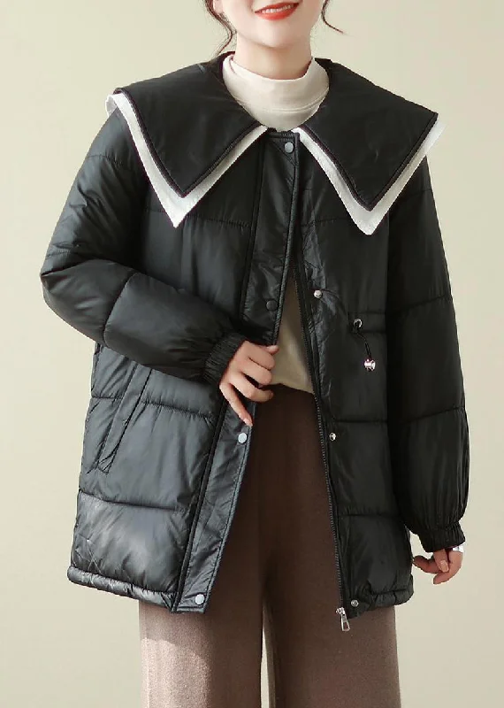 Comfortable Outfits French Black Peter Pan Collar Drawstring Fine Cotton Filled Puffer Jacket Winter
