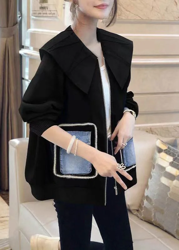 Comfy Pants French Black Peter Pan Collar Patchwork Cotton Coats Fall