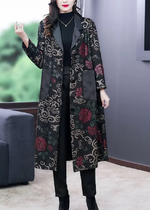 Soft Tops French Black Peter Pan Collar Patchwork Pockets Print Trench Coat Fall