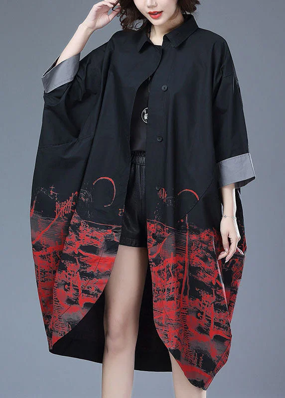 Cozy Outerwear French Black Peter Pan Collar Print Patchwork Cotton Long Trench Coat Fall Cozy Outerwear French Black Peter Pan Collar Print Patchwork Cotton Long Trench Coat Fall