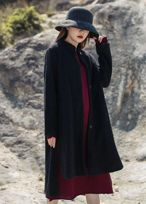 Comfortable Fitwear French Black Stand Collar low high design Woolen Coats Winter